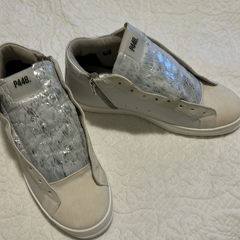 P448 hightops with silver metallic tongue, no shoelaces. New without box